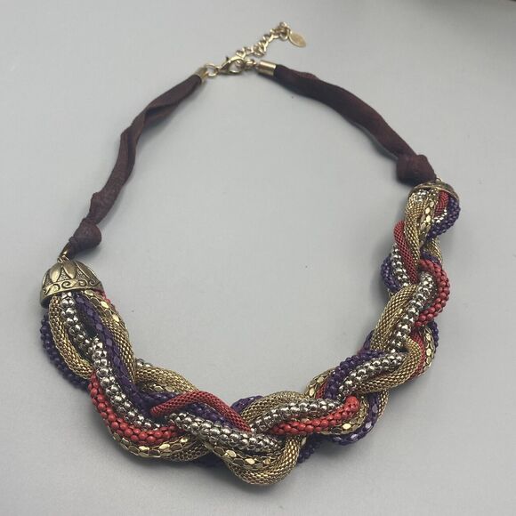 Ali-Khan Braided Mesh Chain Beaded Ribbon Necklace Multicolor Metallic‎ New York - Picture 7 of 7